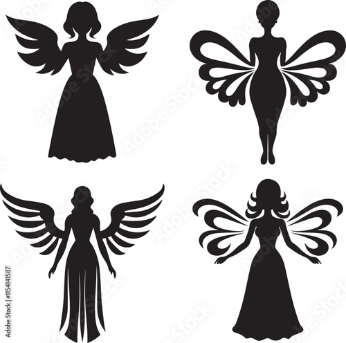 Angel Wings People Silhouette Set Vector Illustration Graphic