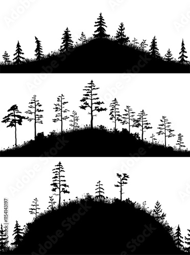 Vector collection of 3 seamless wood hills. Silhouettes of hand drawn upland forest black and white landscapes. Summertime isolated illustrations for work and design