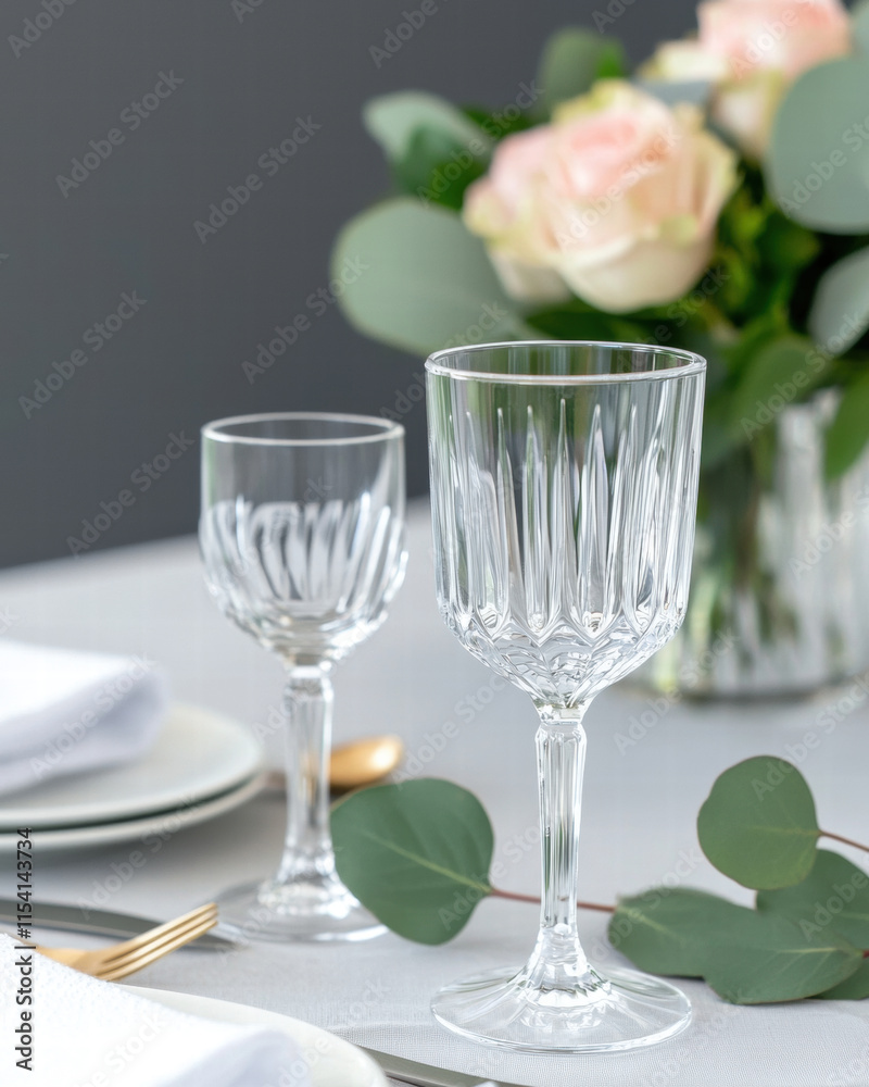 Elegant crystal glasses on dining table with roses and greenery Elegant crystal glasses on dining table with roses and greenery
