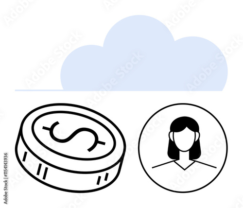 Cloud shape above a coin with a dollar sign and an anonymous users silhouette. Ideal for financial technology, cloud computing, data security, online transactions, user privacy, digital services