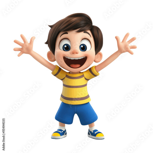 Excited kid cartoon toy with a cheerful white background in AI art style.
