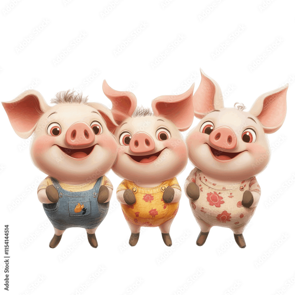 Fototapeta premium Illustration of three cute cartoon pigs in a row isolated for playful art.