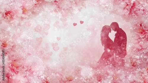 loving couple framed by peony blossoms in a dreamy double exposure, perfect for Valentine’s Day designs photo