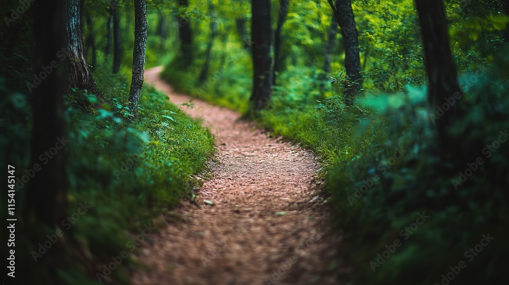 Fototapeta premium Winding path through lush forest invites exploration, surrounded