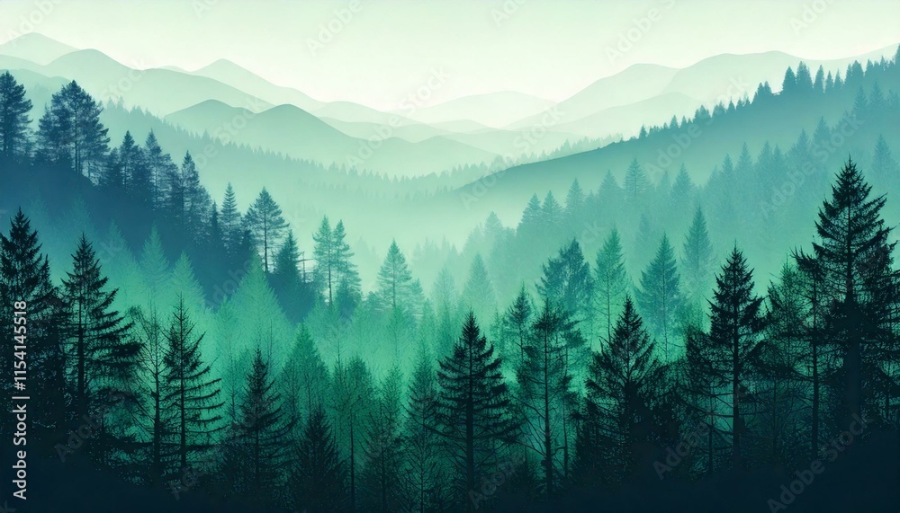 Fototapeta premium Teal monochrome pine and mountain landscape