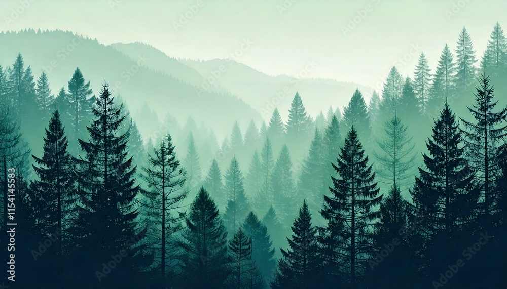 Fototapeta premium Teal monochrome pine and mountain landscape