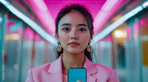 Young woman poses confidently in a vibrant neon-lit corridor holding a smartphone