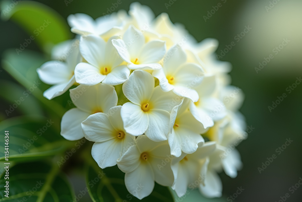 A cluster of white, five-petaled flowers with yellow stamens on a green leafy background A cluster of white, five-petaled flowers with yellow stamens on a green leafy background