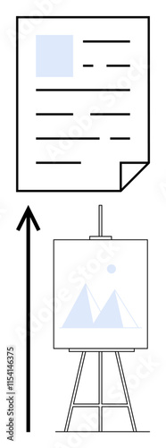 Sheet of paper and easel with abstract art symbolize creativity planning and innovation. Ideal for design, art, education, progress, transformation, strategy, inspiration. Line metaphor