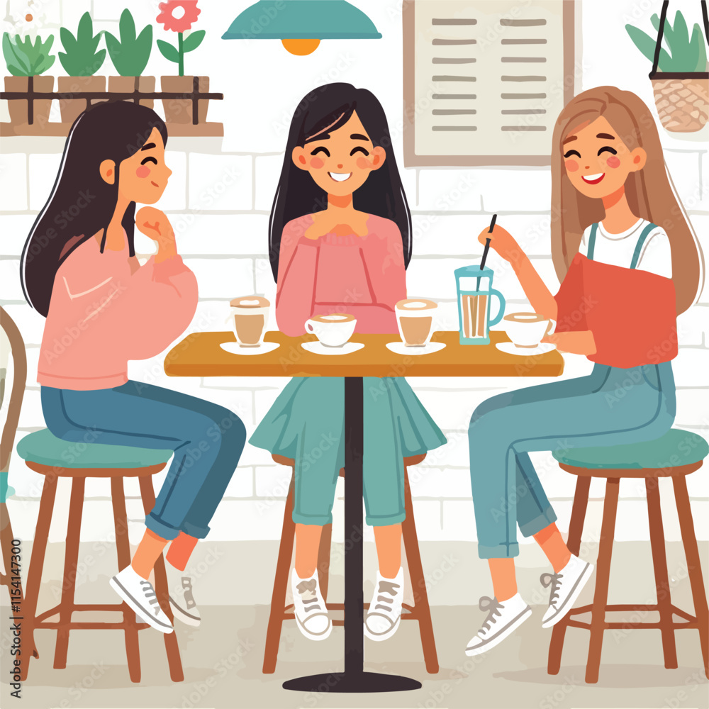 Flat young girl friends in cafe on meeting vector image vector on a white background Flat young girl friends in cafe on meeting vector image vector on a white background