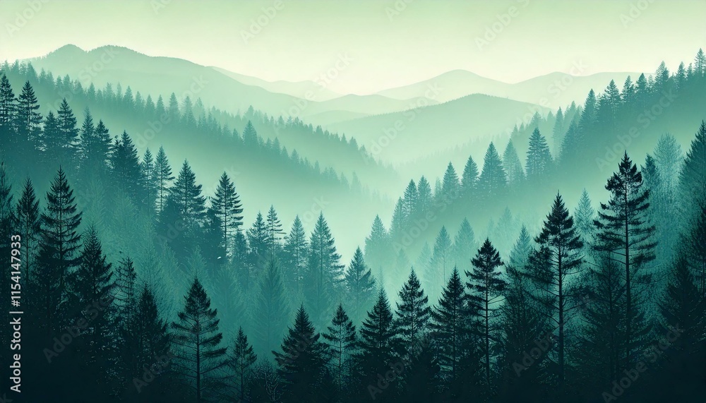 Fototapeta premium Green monochrome pine and mountain landscape