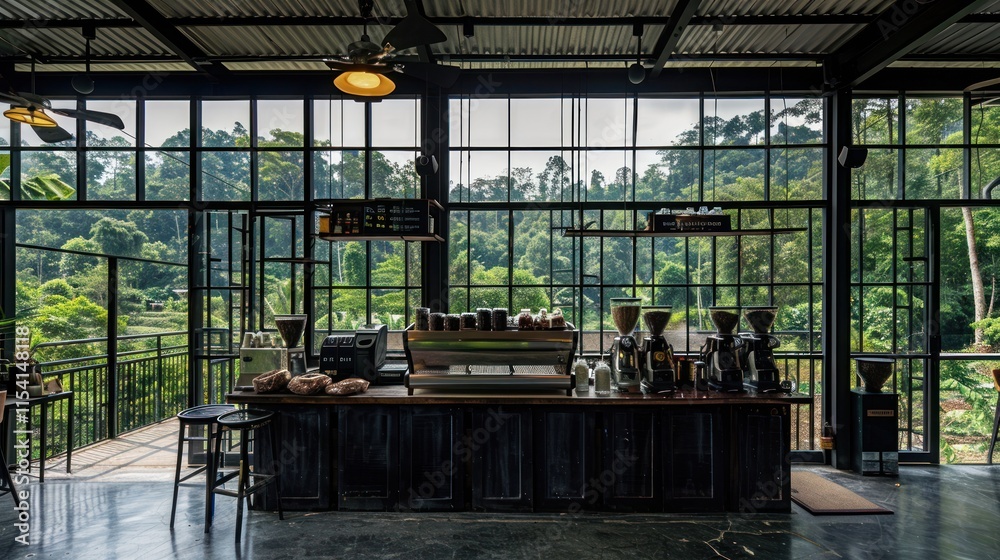 Fototapeta premium Modern coffee shop with large windows overlooking lush greenery.