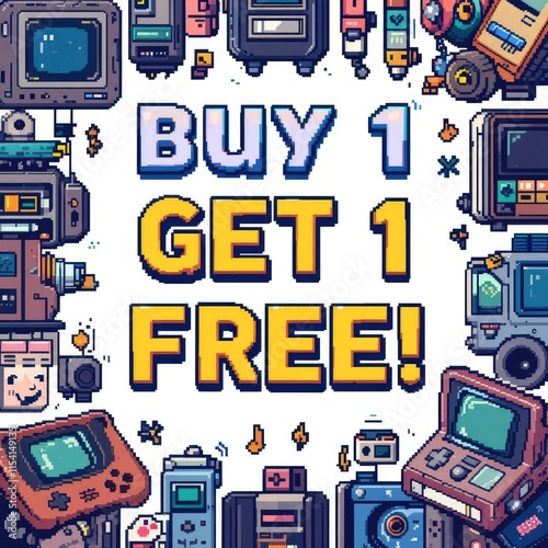 A pixel art illustration in a retro style advertises a 