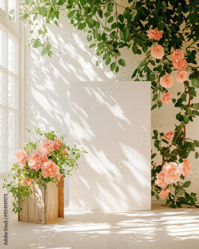 serene interior scene featuring blank canvas surrounded by lush greenery and soft pink roses, illuminated by gentle sunlight photo