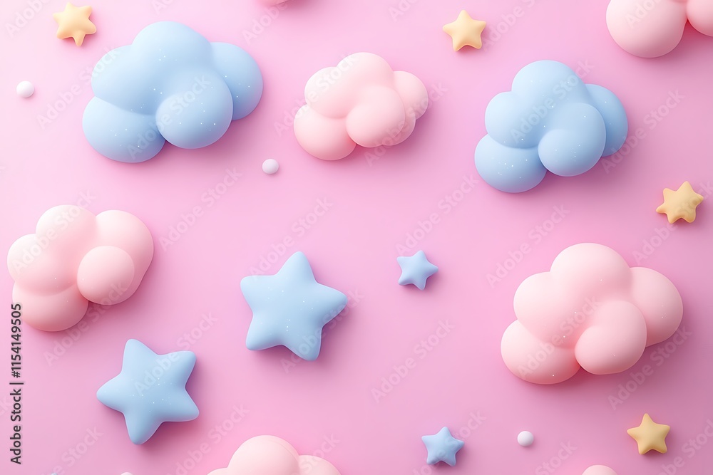 Adorable pastel clouds and stars scattered on a soft pink gradient background. Adorable pastel clouds and stars scattered on a soft pink gradient background.