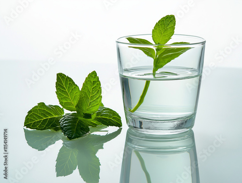 Erfrischendes Glas Wasser mit Eiswürfeln und frischer Minze

 photo