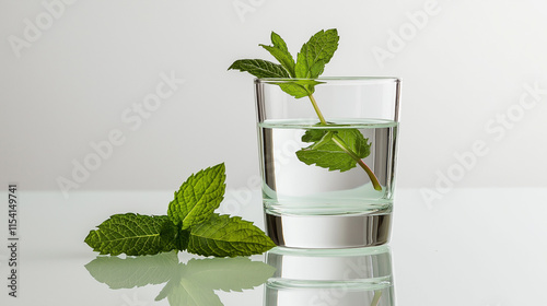 Erfrischendes Glas Wasser mit Eiswürfeln und frischer Minze

 photo