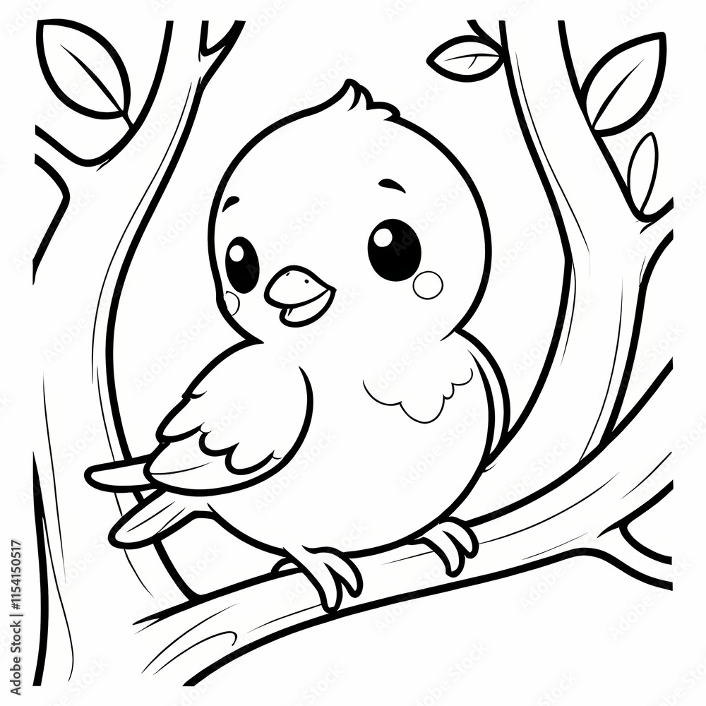 Cute kawaii bird on the branch tree cartoon character coloring page vector illustration. Wild animal, mothers day colouring page for kids Cute kawaii bird on the branch tree cartoon character coloring page vector illustration. Wild animal, mothers day colouring page for kids