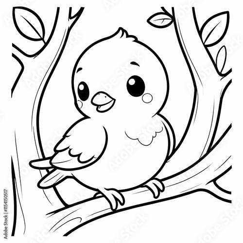 Cute kawaii bird on the branch tree cartoon character coloring page vector illustration. Wild animal, mothers day colouring page for kids