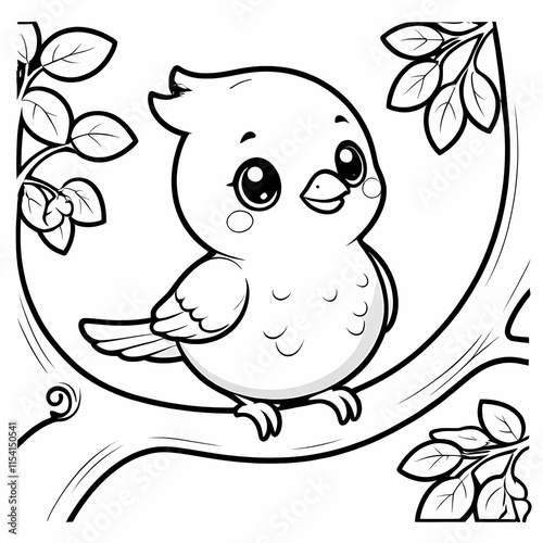 Cute kawaii bird on the branch tree cartoon character coloring page vector illustration. Wild animal, mothers day colouring page for kids