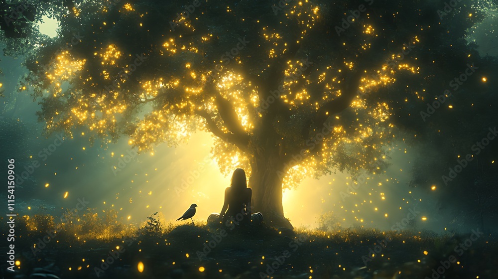 Silhouetted woman meditates beneath a glowing mystical tree in a misty forest. Silhouetted woman meditates beneath a glowing mystical tree in a misty forest.