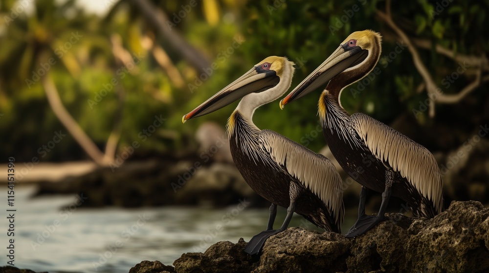 Pair of brown pelicans standing on rocks near a tropical shoreline with lush greenery in the background. Pair of brown pelicans standing on rocks near a tropical shoreline with lush greenery in the background.