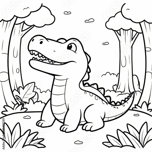 Cute kawaii alligator cartoon character on the island background coloring page vector illustration