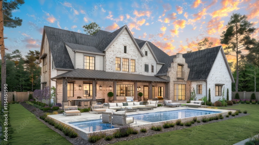 Luxurious modern farmhouse with pool at sunset.