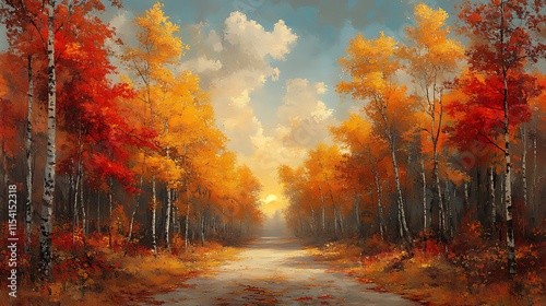 Scenic autumn landscape painting of a dirt road leading through a vibrant forest with red and golden leaves under a partly cloudy sky.