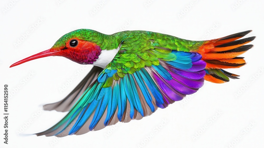 Obraz premium Colorful Hummingbird in Flight on White Background Nature Photo