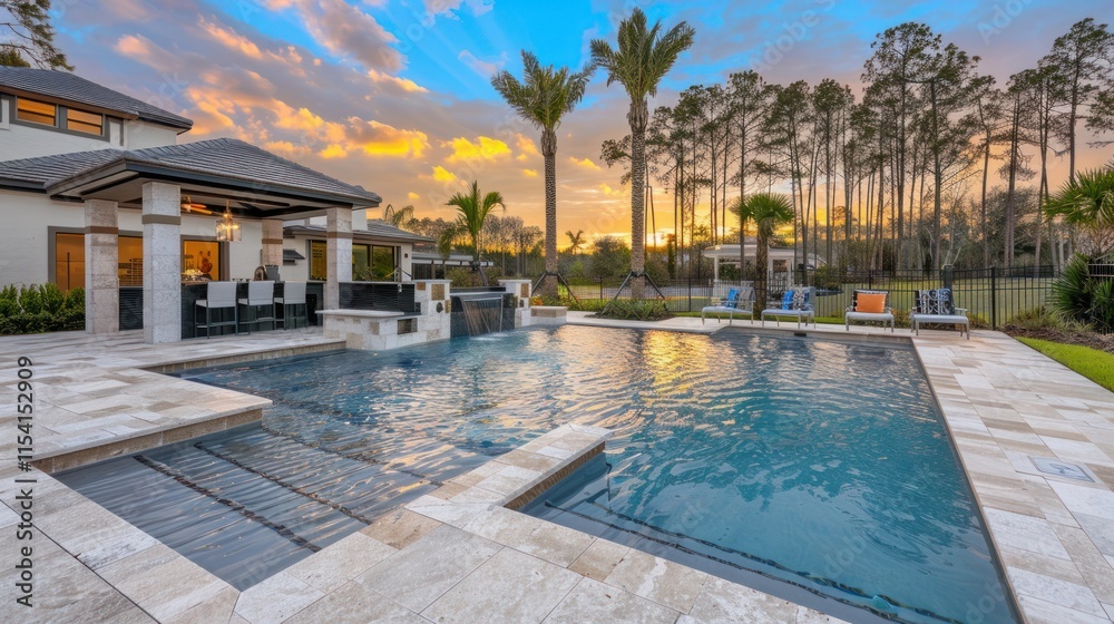 Fototapeta premium Luxury poolside patio at sunset.