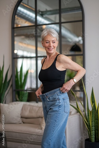 Happy senior gray haired female surprised after losing weight,satisfied middle aged woman tries on her big pants, which she wore before weight loss