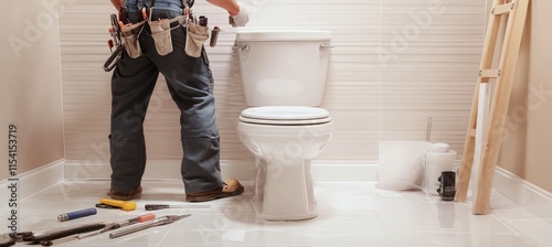 Wallpaper Mural Plumber installing toilet in modern bathroom during renovation work Torontodigital.ca