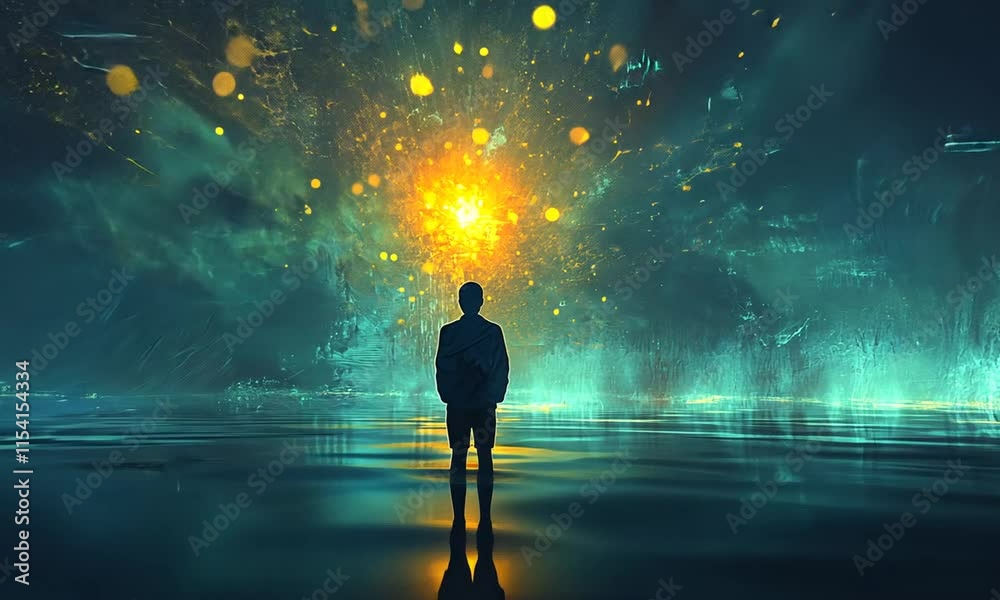 Silhouette of a Person Standing Alone Against an Abstract Background of Colorful Lights and Digital Particles in a Dreamlike Landscape Silhouette of a Person Standing Alone Against an Abstract Background of Colorful Lights and Digital Particles in a Dreamlike Landscape