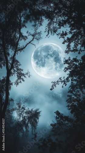 Mystic full moon glowing in a dense foggy forest casting eerie shadows. HD phone wallpaper.