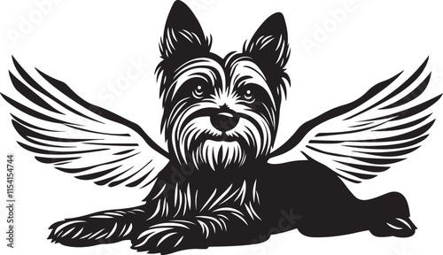 Cute Yorkshire Terrier Lying Down with Angel Wings Stylized Silhouette Vector Illustration Graphic