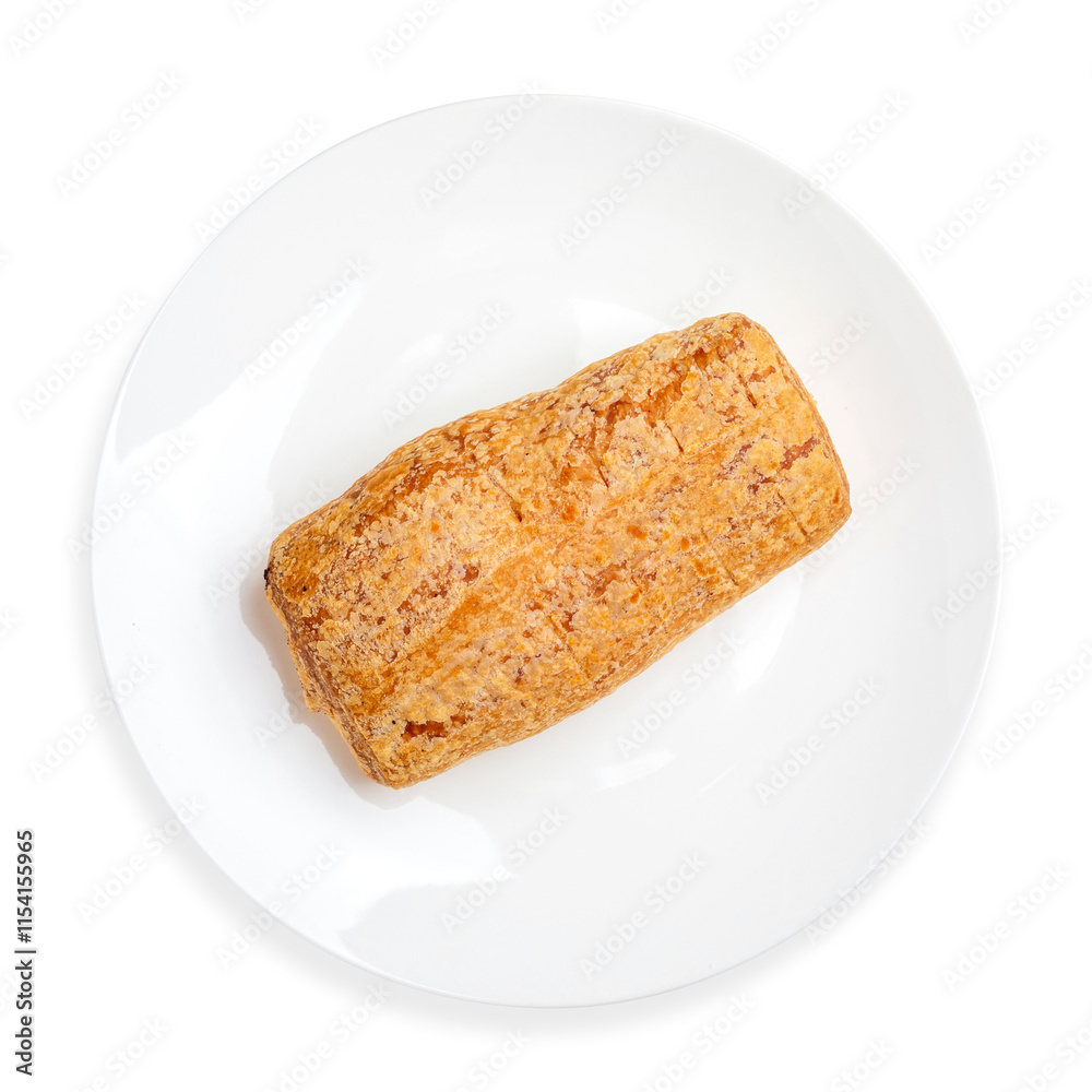 Snack, bun with filling, dough pie, on a white background, isolated. Top view. Snack, bun with filling, dough pie, on a white background, isolated. Top view.