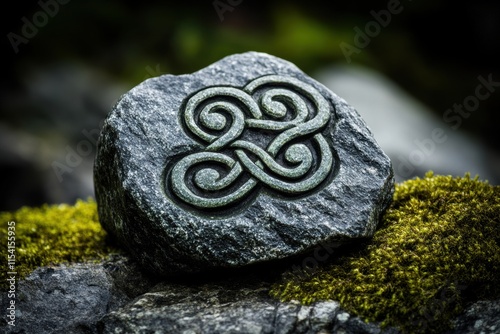 celtic stone etchings, celtic patterns delicately carved on a lichen-covered stone, blending natures spirit with human creativity in green hues photo