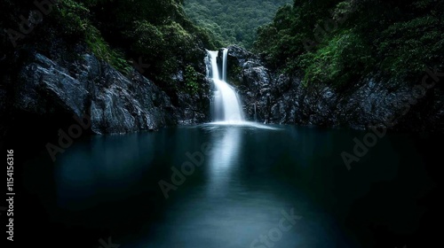 Serene waterfall cascading into a dark pool, surrounded by lush greenery.