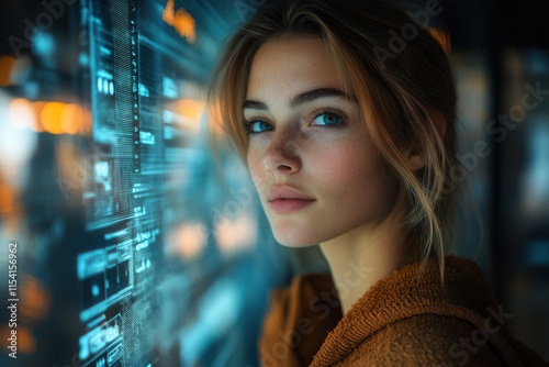 Portrait of a woman in mocha jacket with futuristic digital interface background. Free Download Portrait of a woman in mocha jacket with futuristic digital interface background. - GFXLoad