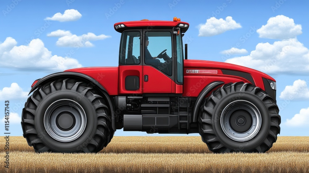 Red tractor in a field.