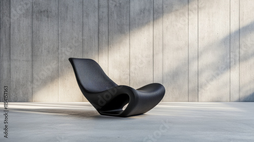 Modern black lounge chair positioned against a minimalist concrete wall with soft sunlight casting shadows in an indoor space