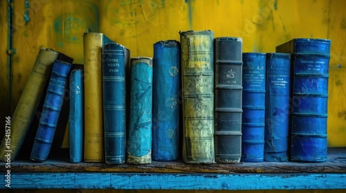 Row of vintage blue and yellow books on a shelf.