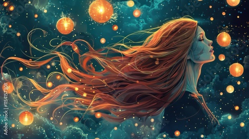 Woman with flowing red hair amidst glowing orbs and nebula.