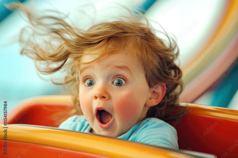 Fototapeta premium Caucasian female child experiencing joyful thrill on amusement park ride