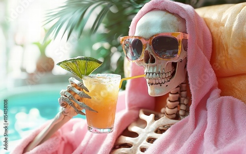 A whimsical skeleton in a pink bathrobe, wearing oversized sunglasses, sipping a tropical drink in a spa photo