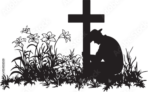Farmer Kneeing Next to Cross Silhouette Vector Illustration Graphic
