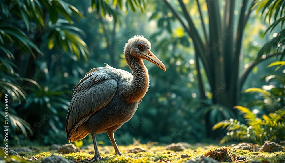 Fototapeta premium Serene Grey Bird in Lush Tropical Paradise