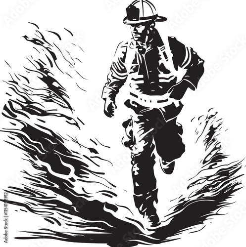 Firefighter and Flames Stylized Silhouette Vector Illustration Graphic