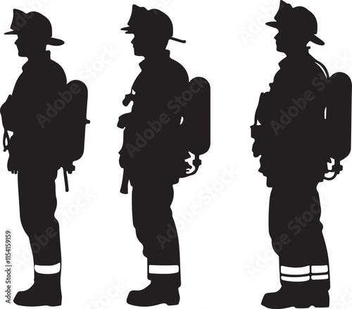 Firefighters Standing Side Profile Silhouette Set Vector Illustration Graphic